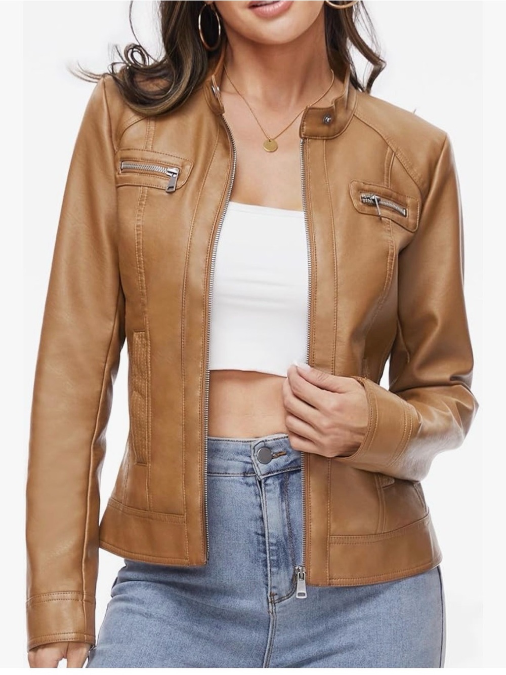 Fahsyee Brown Faux Leather Moto Jacket, XL NEW